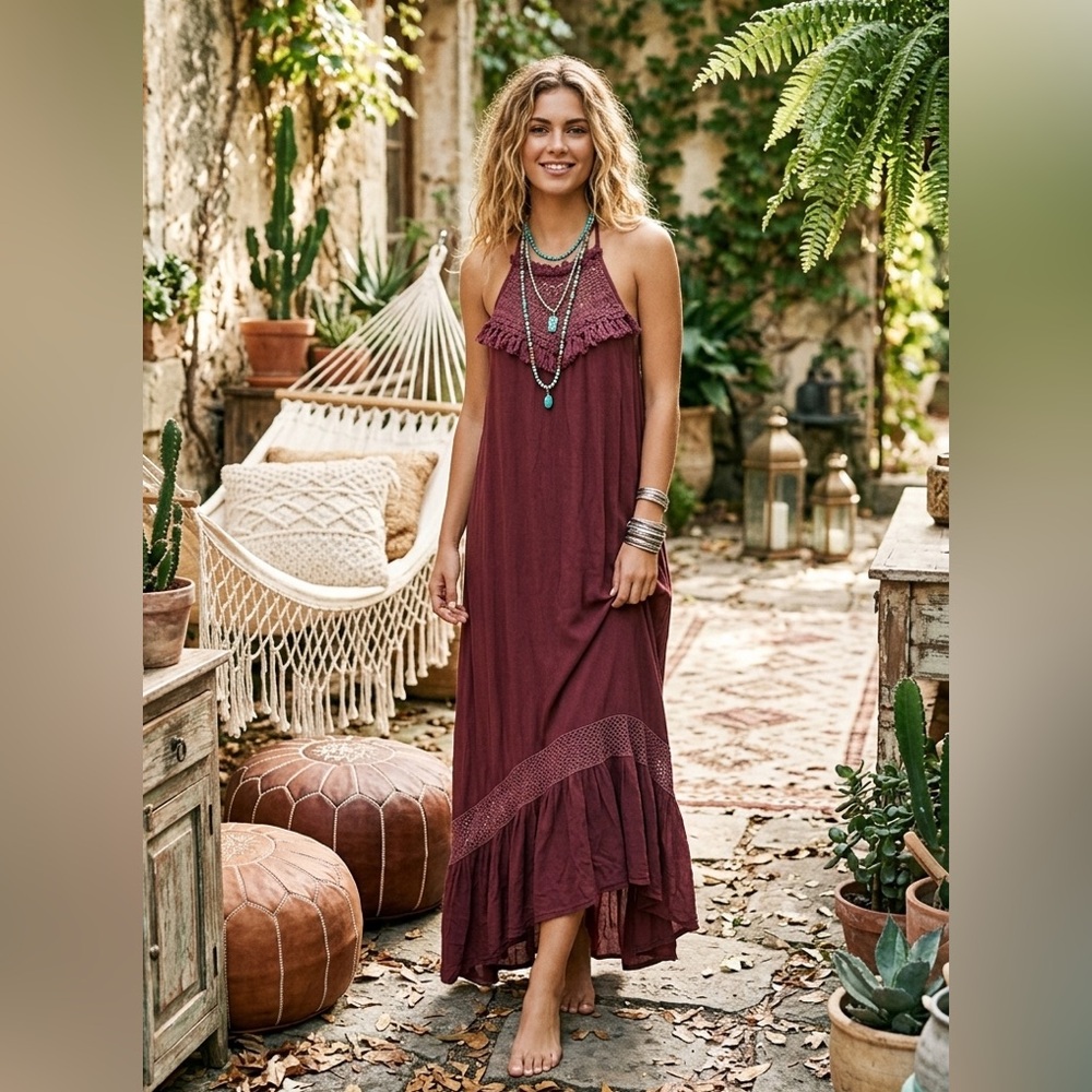 $89 NWOT POL Boho Chic Halter Hi/low  Midi Dress – Deep Plum S